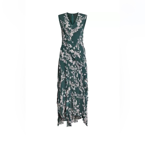 BCBG MaxAzria Floral Green Handkerchief Sleeveless Midi Dress Size XXS - Picture 1 of 9